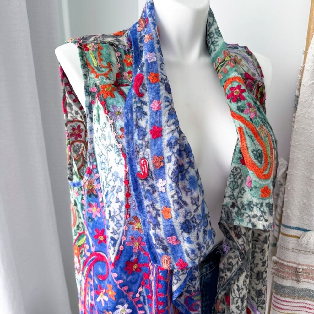 ANU Floral Embroidered 100% Wool Lightweight Boho Vest Cardigan Women’s Large - Picture 2 of 7